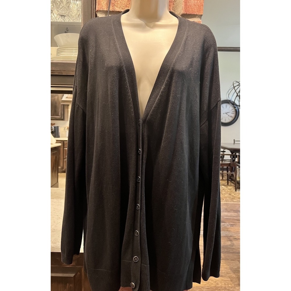 Talbots Womens XL Black Button Front Cardigan Sweater V Neck Side Slit